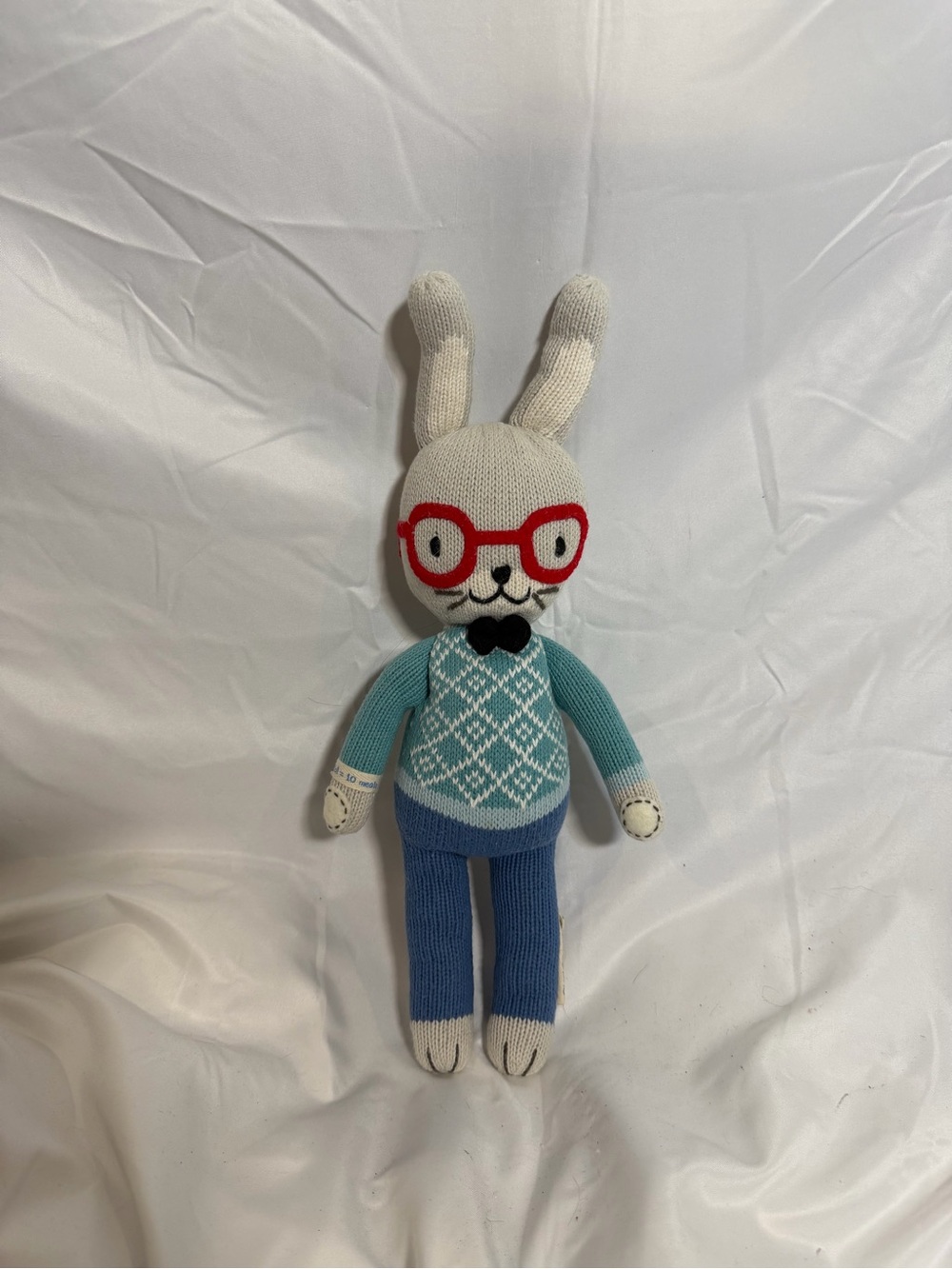 Knitted Bunny Plush Toy with Red Glasses in Blue Outfit